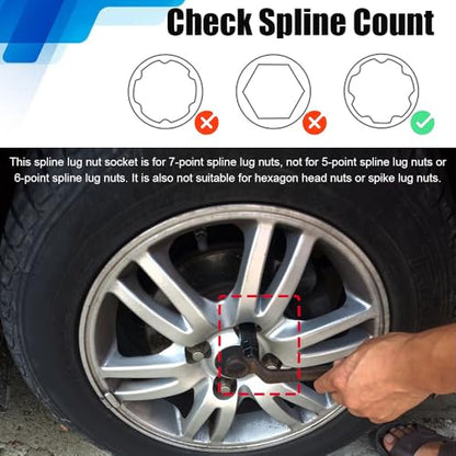 7 Spline Lug Nut Socket, Wheel Lock Key Replacement for Aftermarket 7 Spline Lug Nut, Drive Tuner Replacement Socket Key Tool Compatible with 19mm 3/4" 21mm 13/16" Hex Socket Wrench (7 Spline)