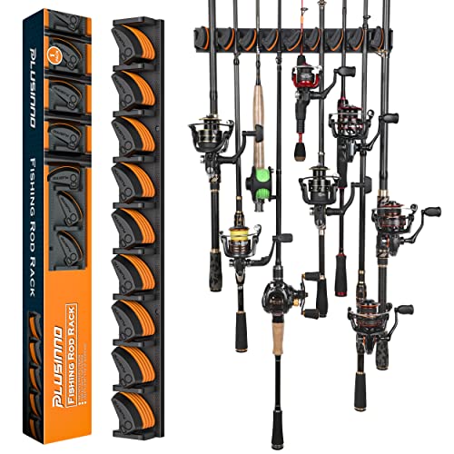PLUSINNO V9 Vertical Fishing Rod Holders, Wall Mounted Fishing Pole Holders, Fishing Rod Rack Holds Up to 9 Rods or Combos, Fishing Rod Holders for Garage,Fishing Gear and fishing Gifts for Men - style: Orange 1-pack (store 9 combos)