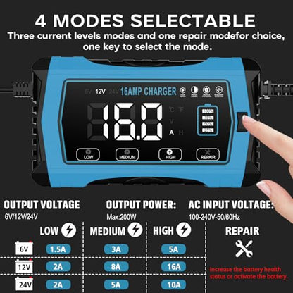 16 AMP Battery Charger, 6V/12V/24V Smart Car Battery Charger, Trickle Charger, Fully Automatic Chargers and Maintainer for Car, Motorcycle, Lawn Mower, Lead-Acid, Lithium, LiFePo4 Batteries