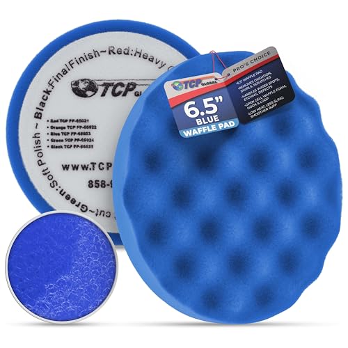 TCP Global 6.5" Blue Waffle Foam Buffing Pad Hook and Loop Backing - Light Cut Pad for Polishing, Automotive, Marine, Truck, RV & Compound Cutting, Car Polishing Pads