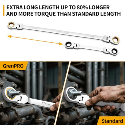GRENPRO 6PCS Extra Long Ratcheting Wrench Set - 72-Tooth 12-Point 8-19mm, CR-V Steel Metric Double Box End Ratcheting Wrench Set, with Pouch & Size Gauge
