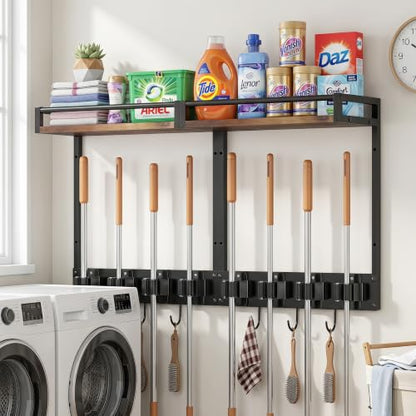 2 Packs Broom Holder Wall Mount with Shelf Load 66LBS Broom and Mop Organizer Wall Hanging Broom Hanger with 4 Mop Hanger Grippers, 3 Hooks for Laundry Room, Garage, Utility Closet, Kitchen - style: 2 Packs