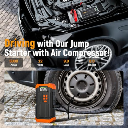 5000A Jump Starter with Air Compressor,Car Jumper Starter Portable with 150PSI Tire Inflator 12V Jump Box with LCD Display,Flashlight,Storage Case (Up 9L Gas/8L Diesel Engine（Orange - style: AORANGE