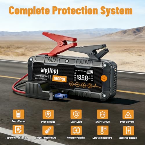 Jump Starter with Air Compressor, 4000A Portable Car Battery Jump Starter (10L Gas/8L Diesel), 12V Jump Pack with 150PSI Auto-Shutoff Tire Inflator, LED Light, Gloves & Car Emergency Kit - color: BLACK