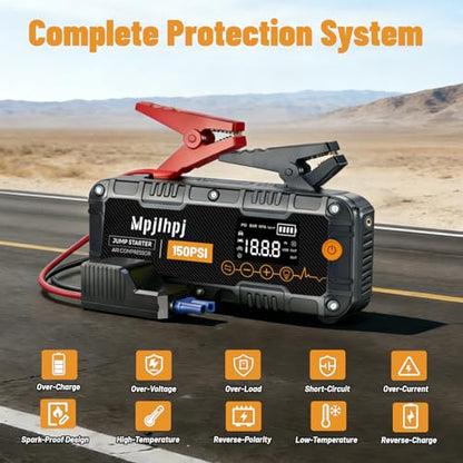 Jump Starter with Air Compressor, 4000A Portable Car Battery Jump Starter (10L Gas/8L Diesel), 12V Jump Pack with 150PSI Auto-Shutoff Tire Inflator, LED Light, Gloves & Car Emergency Kit - color: BLACK