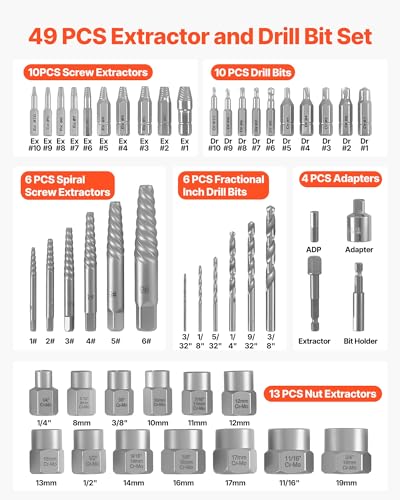 VEVOR 49-Piece Bolt Extractor Kit and Easy Out Screw Extractor Set, Lug Nut Removal Tool with Drill Bit Set for Removing Damaged, Frozen, Broken, Rusted, Rounded-Off Bolts, Nuts & Screws, Adapters - size: 49 PCS