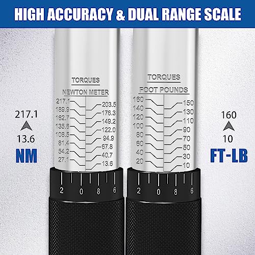 XJX 1/2-Inch Drive Click Torque Wrench Set, 10-160FT-LB/13.6-217.1Nm Torque Wrench