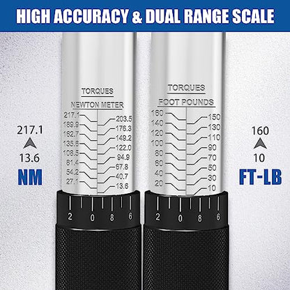 XJX 1/2-Inch Drive Click Torque Wrench Set, 10-160FT-LB/13.6-217.1Nm Torque Wrench