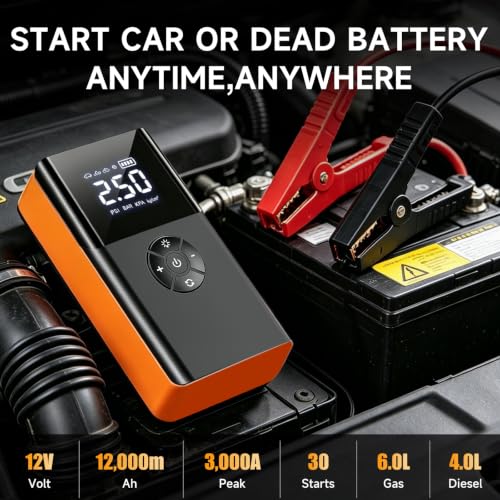 3000A Jump Starter with Air Compressor,Car Battery Jumper Starter Portable with 150PSI Tire Inflation, 12V Jump Box with Jumper Cables, LCD Display, Fast Charger Power Bank (6L Gas/4L Diesel Engines