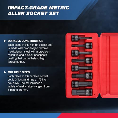 Neiko 01136B 1/2-Inch Drive Allen Hex Impact Socket Set, Metric, 6 mm - 19 mm, Cr-Mo, 8-Piece - style: Metric
