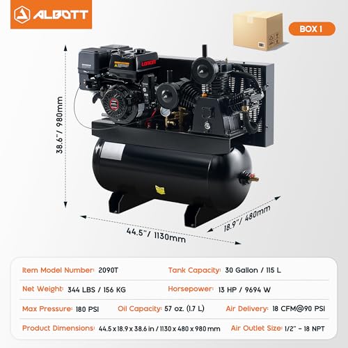 Albott 13HP Gas Air Compressor 30 Gallon Portable Horizontal Tank | 420cc Loncin Engine Max 180 PSI Pressure 3 Cylinders Cast Iron Pump Pneumatic Tool Compatible Commercial and Residential Use - size: 30 Gal