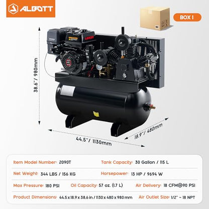 Albott 13HP Gas Air Compressor 30 Gallon Portable Horizontal Tank | 420cc Loncin Engine Max 180 PSI Pressure 3 Cylinders Cast Iron Pump Pneumatic Tool Compatible Commercial and Residential Use - size: 30 Gal
