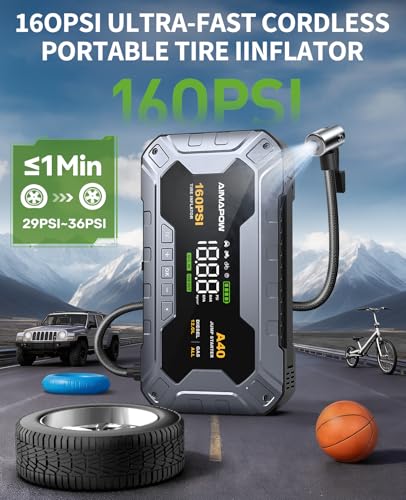 8000A 160PSI Jump Starter with Air Compressor, 12V Car Battery Jump Starter Power Bank(All Gas/12L Diesel), Car Starter with LED Flashlight, Force Start, Jump Pack with Jump Leads - size: A40