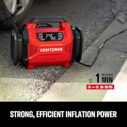 CRAFTSMAN Dual Power Tire Inflator with Digital Gauge & Auto Shut-Off | 12V DC Car Plug and 120V AC Home Use with Up to 150 PSI, LED Light, Portable Air Pump for Car Tires, Bikes and Inflatables