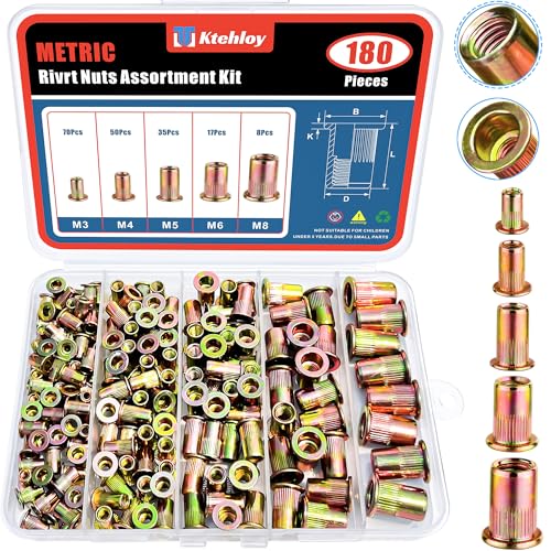 180Pcs Metric Rivet Nut Assortment Kit, Zinc Plated Carbon Steel Rivnut Threaded Inserts Assortment Set Nutserts, Sizes M3 M4 M5 M6 M8 - size: Metric Kit - 180 Pcs
