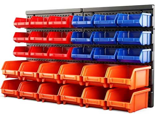 HORUSDY Wall Mounted Storage Bins Parts Rack 30PC Organizer Garage Plastic Shop Tool for Men's Gift, Blue,Orange,Red - color: 30PCS Bins Parts Rack--Orange&Blue&Red