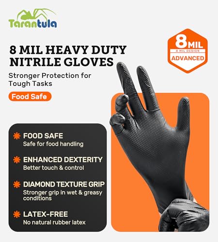 Tarantula 8-mil Disposable Nitrile Gloves,Heavy-Duty Fully Diamond Textured | Mechanic & Food-Safe, Powder-Free, Latex-Free, Non-Sterile, for Cooking & Cleaning - color: Black, size: X-Large
