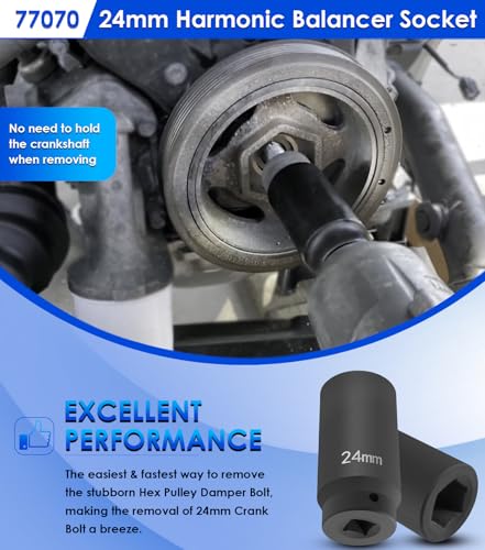 For GM LS 24mm Crank Bolt Socket 77070 Harmonic Balancer Socket Tool, 3 Times Momentum Power of Standard Impact Socket for Stronger Torque, Deep Counter-Weighted Design - size: 24mm