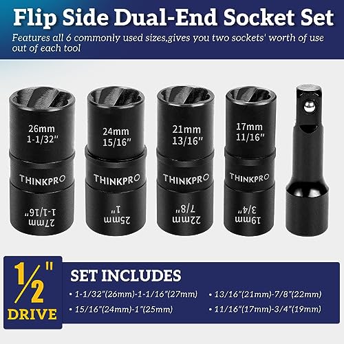 Flip Lug Nut Removal Tool, 5 Piece Wheel Lock Remover Kit | 1/2 Inch Drive Lug Nut Extractor Set, Stripped Lug Nut Remover for Removing Damaged and Stripped Fasteners