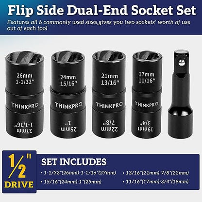 Flip Lug Nut Removal Tool, 5 Piece Wheel Lock Remover Kit | 1/2 Inch Drive Lug Nut Extractor Set, Stripped Lug Nut Remover for Removing Damaged and Stripped Fasteners
