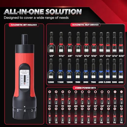 Torque Screwdriver 10-70 in-lb, 45-Piece 1/4" Drive Set with 24 S2 Steel Bits, 20 CR-V Magnetic SAE and Metric Nut Drivers, Storage Case, Inch Pound Torque Wrench for Automotive, Bike and DIY Repair