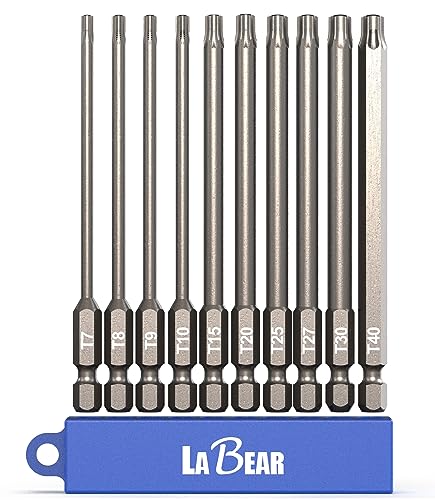 LABEAR 10-Piece Tamper-Proof Torx Bit Set, 4-Inch S2 Steel, T7-T40 | Security star tips, Corrosion-protection finish, 100mm reach, 1/4" hex shank, Blue storage sleeve - size: 4"x TAMPER TORX