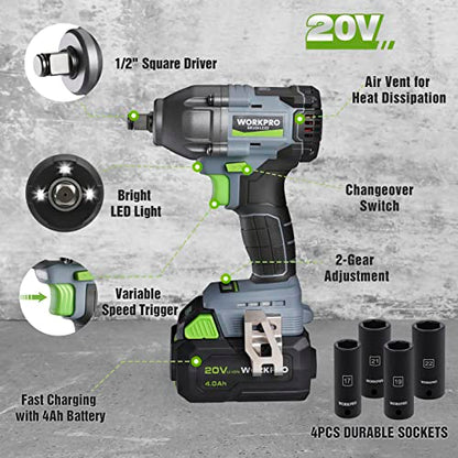 WORKPRO Cordless Impact Wrench 1/2", 20V Brushless Impact Gun, High Torque | 370 Ft-Lbs (500N.M), Variable Speeds, with 4.0 Ah Battery, Fast Charger, 4 Impact Sockets and Storage Case
