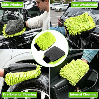 3-Piece Car Wash Kit: 2 Scratch-Free Chenille Microfiber Wash Mitts + 1 Large 400GSM Drying Towel, Lint-Free Auto Cleaning Set for Cars Trucks SUVs RVs | 2 Scratch-Free Chenille Washing Glove + 1 Large 400GSM Drying Towel, Lint-Free Auto Cleaning Set for