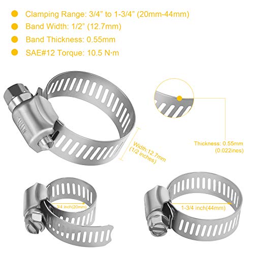 WINL Stainless Steel Hose Clamps - 15 PK Worm Gear Drive Hose Clamps SAE 20 Clamping Range 3/4'' to 1-3/4'' (20mm-44mm) for Automotive Plumbing, 3/4'', 1'', 1 1/4'', 1 1/2'' - size: SAE#20 (3/4" ~ 1-3/4")