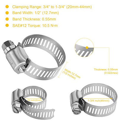 WINL Stainless Steel Hose Clamps - 15 PK Worm Gear Drive Hose Clamps SAE 20 Clamping Range 3/4'' to 1-3/4'' (20mm-44mm) for Automotive Plumbing, 3/4'', 1'', 1 1/4'', 1 1/2'' - size: SAE#20 (3/4" ~ 1-3/4")