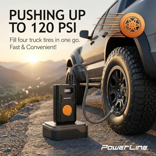 PowerLine Car Battery Jump Starter with Air Compressor - 4-in-1 Pump & Jump 1200A Car Battery Jumper with Tire Inflator, 3 USB Charging Ports & LED Light - Up to 5.2L Gas & 3.5L Diesel Trucks, 120 PSI