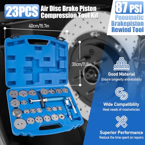 23PCS Pneumatic Brake Caliper Compression Tool Kit, Air Operated Brake Piston Wind Back Tool Set with Adapters for Brake Pad Replacement, Suitable for Automotive Maintenance and Repair