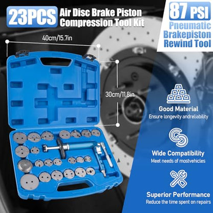 23PCS Pneumatic Brake Caliper Compression Tool Kit, Air Operated Brake Piston Wind Back Tool Set with Adapters for Brake Pad Replacement, Suitable for Automotive Maintenance and Repair