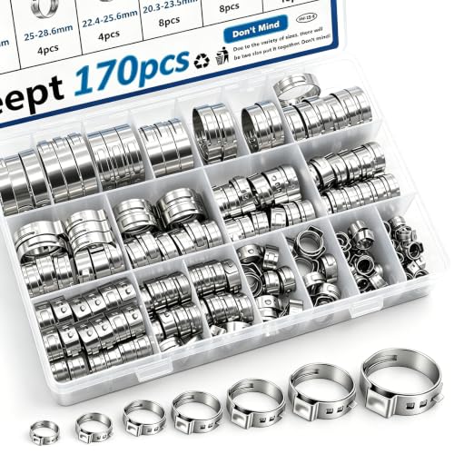 170Pcs 13 Sizes 304 Stainless Steel Single Ear Hose Clamps 5.3-31.6mm Crimp Hose Clamps Assortment Kit Perfect for Automotive/Home Appliance/Water Pipe and Fuel Line - color: Silver, size: 5.3-31.6mm 170pcs