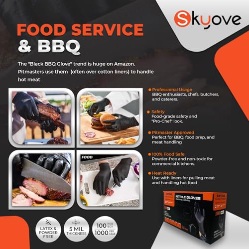 SKYOVE 5 Mil Black Nitrile Gloves Disposable 100 Count Heavy Duty Industrial Grade Textured Grip Latex Free Powder Free - size: Large