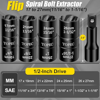 Topec Flip Lug Nut Removal Tool, 5 Piece Wheel Lock Removal Kit, 1/2" Drive Lug Nut Remover, 17-27mm Extractor Socket Set for Stripped, Rounded, Damaged Bolts - size: 5PCS 17-27mm