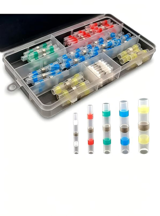 110 PCS Solder Seal Wire Connectors, Five Sizes Heat Shrink Butt Splice Terminals, Waterproof Electrical Joint Kit, Universal for Most Cars, Boat and Motorcycle (Multicolored)
