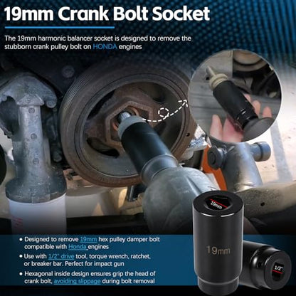 For Honda Crank Pulley Tool 19mm Harmonic Balancer Socket & 50mm Crankshaft Crank Pulley Wrench Holder Removal Holding Spanner Kit For Acura and Honda Engines, Deep Counter-Weighted Socket Tools