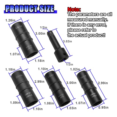 ZIMISI 1/2" Drive Impact Socket Set, 6-Point Nut Socket with 3 Inch Bar Extension, Corrosion-Resistant Cr-Mo Flip Sockets with Callouts, Double-Ended Thin Wall Lug Nut Extractor Set (4+1 Set) - size: 4+1 Set