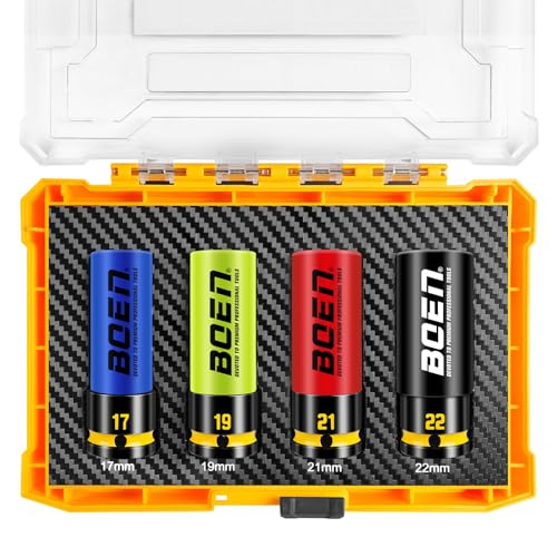 BOEN 1/2" Drive Impact Lug Nut Socket Set, 4 Pieces Non-Marring Thin Wall Wheel Protector Nut Socket, Metric (17, 19, 21, 22) mm, Color-Coded and Embossed and Painted Marking, CR-MO Steel