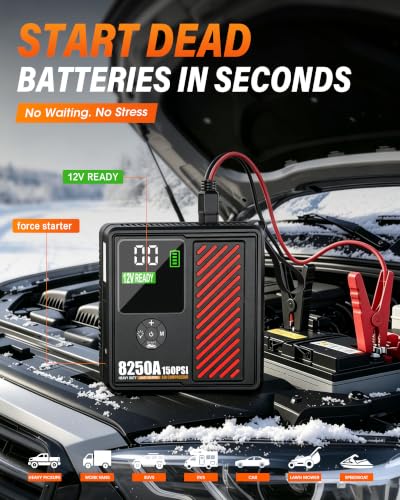 JFEGWO 8250A Jump Starter with 150PSI Air Compressor, 12V Car Battery Booster, 24000mAh Portable Tire Inflator for 12L Gas/10L Diesel, LED Display, LED Light, Storage Case, Jumper Cables