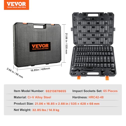 VEVOR 1/2" Drive Impact Socket Set 65 Piece, 3/8" to 1-1/4" and 10-24mm | SAE and Metric, 6 Point Cr-V Alloy Steel, Easy-to-Read Size Markings, Rugged Construction, with Storage Case, for Auto Repair - style: 1/2" 65PCS