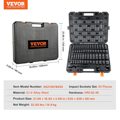 VEVOR 1/2" Drive Impact Socket Set 65 Piece, 3/8" to 1-1/4" and 10-24mm | SAE and Metric, 6 Point Cr-V Alloy Steel, Easy-to-Read Size Markings, Rugged Construction, with Storage Case, for Auto Repair - style: 1/2" 65PCS