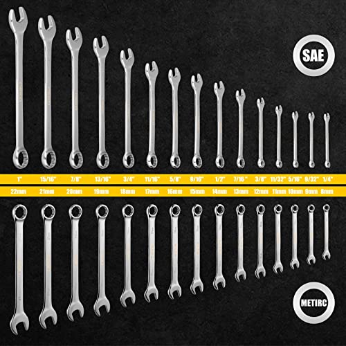 DEKOPRO Combination Wrench Set, SAE&Metric, 30-piece, 1/4'' to 1'' & 8-22mm, 12-Point, Chrome Vanadium Steel, with Plastic Tray - size: 30-Piece (15 SAE: 1/4-1 in, 15 Metric: 8-22 mm)