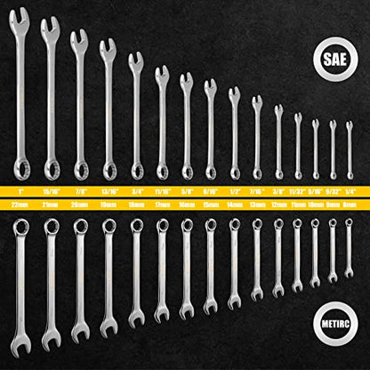 DEKOPRO Combination Wrench Set, SAE&Metric, 30-piece, 1/4'' to 1'' & 8-22mm, 12-Point, Chrome Vanadium Steel, with Plastic Tray - size: 30-Piece (15 SAE: 1/4-1 in, 15 Metric: 8-22 mm)