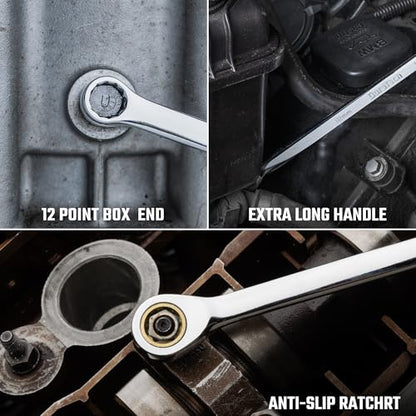 DURATECH 12mm Extra Long Anti-Slip Ratcheting Wrench, Double Box End Wrench, 12-point, Metric, CR-V Steel - size: 12mm