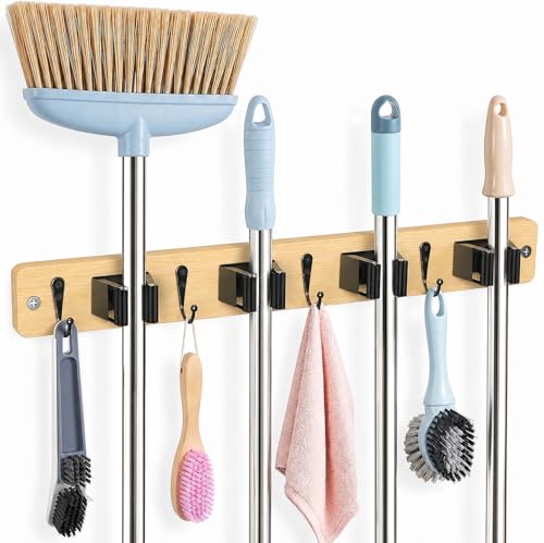 AceMining Light Wood Broom Holder Wall Mount, 4 Holders 4 Hooks Mop Holder | Mop Holder Wall Mount and Broom Hanger for Garage, Laundry Room, Kitchen and Utility Storage - color: Light Wood, size: 1 Pack