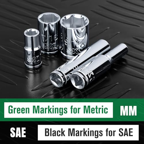 SK 1/4" Drive Socket Set, SAE Sockets, 10-Piece 3/16" to 9/16" | SuperKrome Finish, Premium CR-V Steel, with Aluminum Socket Organizer - size: 0.19 - 0.56 inch, style: Shallow