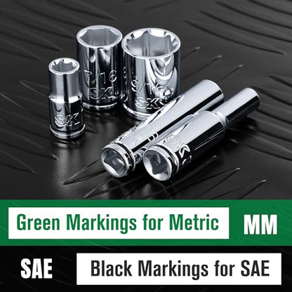 SK 1/4" Drive Socket Set, SAE Sockets, 10-Piece 3/16" to 9/16" | SuperKrome Finish, Premium CR-V Steel, with Aluminum Socket Organizer - size: 0.19 - 0.56 inch, style: Shallow