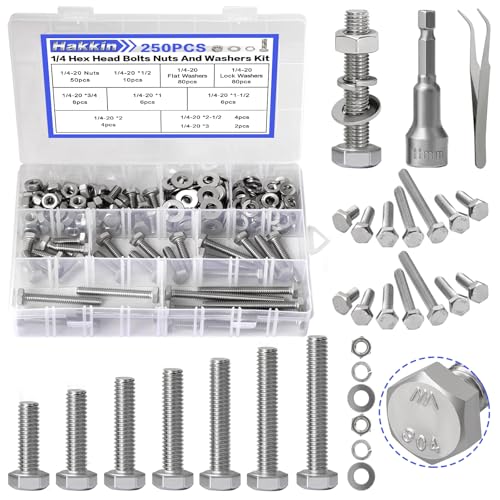 252Pcs 1/4-20 Hex Bolts and Nuts Kit, Stainless Steel Nuts and Bolts Assortment Kit, Fully Threaded Hex Bolt 1/4-20 x 1/2”, 3/4”, 1”, 1-1/2”, 2”, 2-1/2”, 3” Screws Nuts Flat Lock Washer Kit Hakkin - size: L 1/4-20 Hex Bolts Silver 252pcs